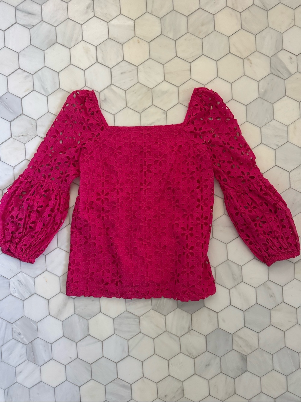 Trina Turk Pink Eyelet Square-Neck Puff Sleeve Top